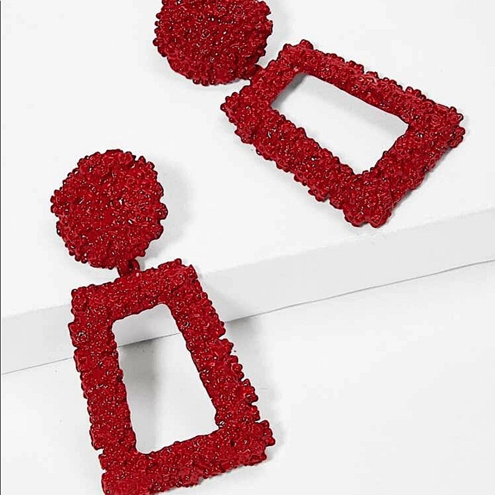 2 FOR $20 Open Rectangular Red Textured Drop Earrings